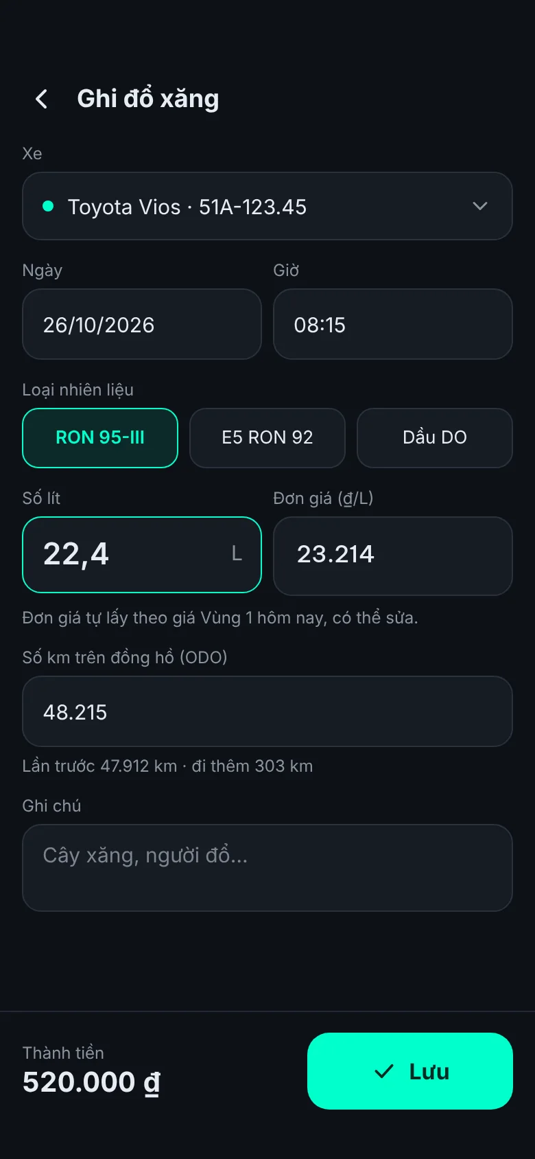 Màn Ghi đổ xăng: chọn xe, loại nhiên liệu, số lít 22,4, đơn giá 23.214 đồng, thành tiền 520.000 đồng.