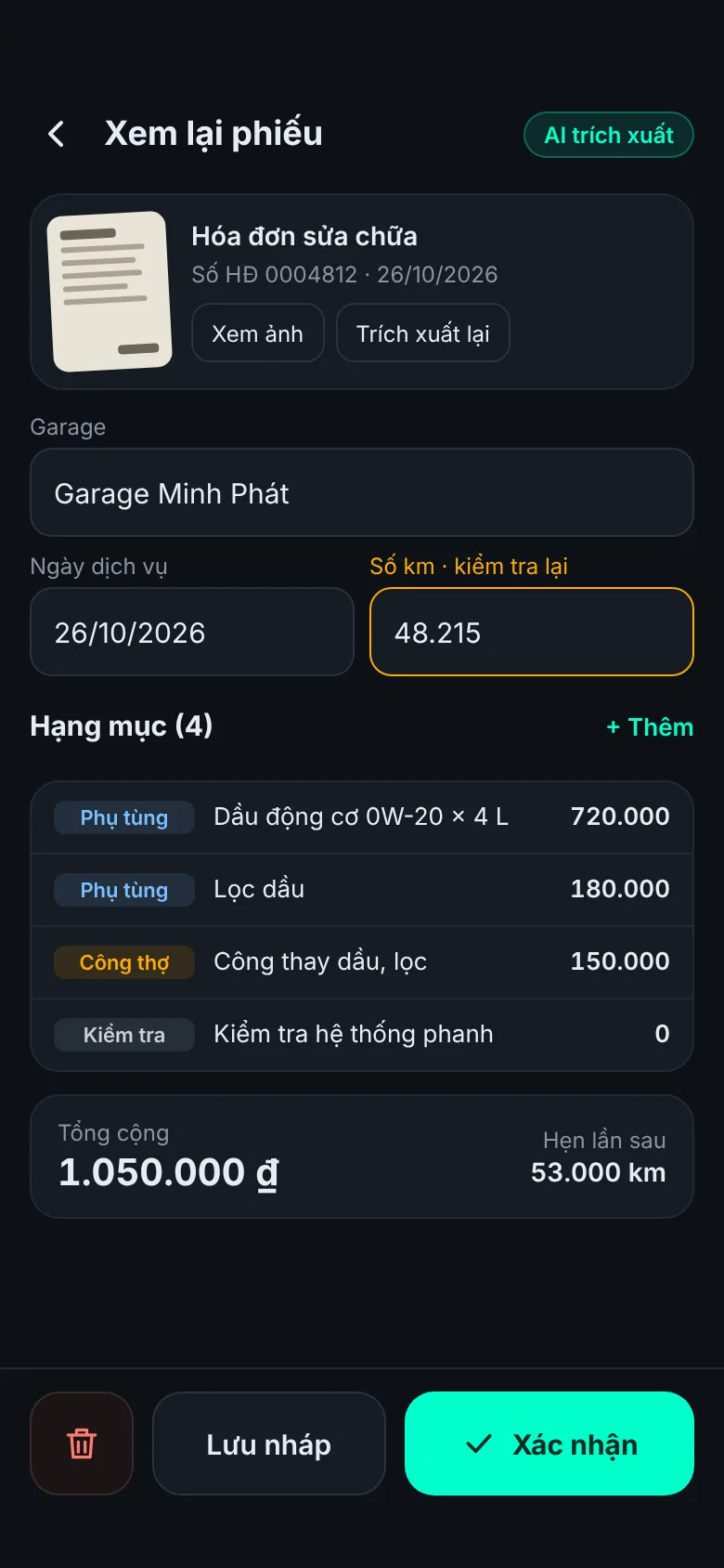 Màn Xem lại phiếu: hoá đơn của Garage Minh Phát với bốn hạng mục, tổng 1.050.000 đồng, hẹn lần sau 53.000 km.